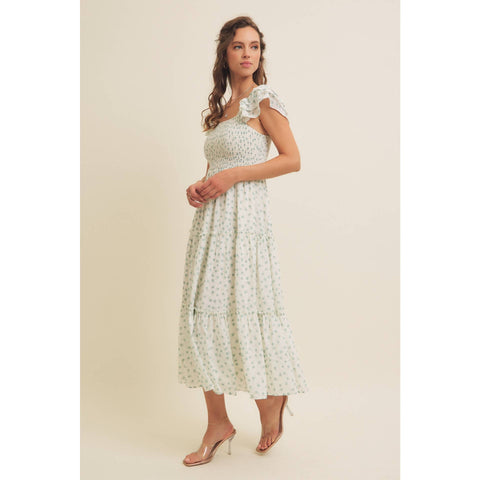 ELEGANT CHIFFON FLORAL SMOCKED MIDI DRESS WITH RUFFLED SLVS