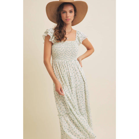 ELEGANT CHIFFON FLORAL SMOCKED MIDI DRESS WITH RUFFLED SLVS