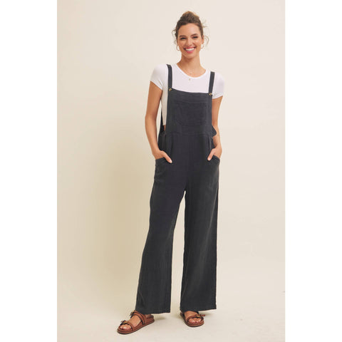 MINERAL-WASHED SUPER SOFT GAUZE WIDE-LEG OVERALL JUMPSUIT