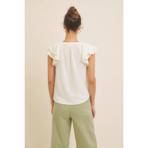 BUTTON-DOWN RUFFLE BLOUSE WITH CONTRAST STITCH
