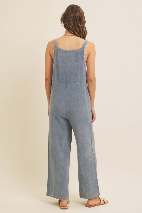 MINERAL-WASHED SUPER SOFT GAUZE WIDE-LEG OVERALL JUMPSUIT