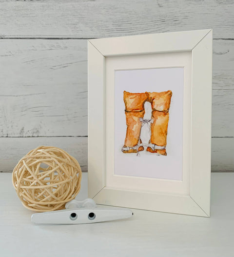 Framed watercolor 4x6 art-Orange life vest