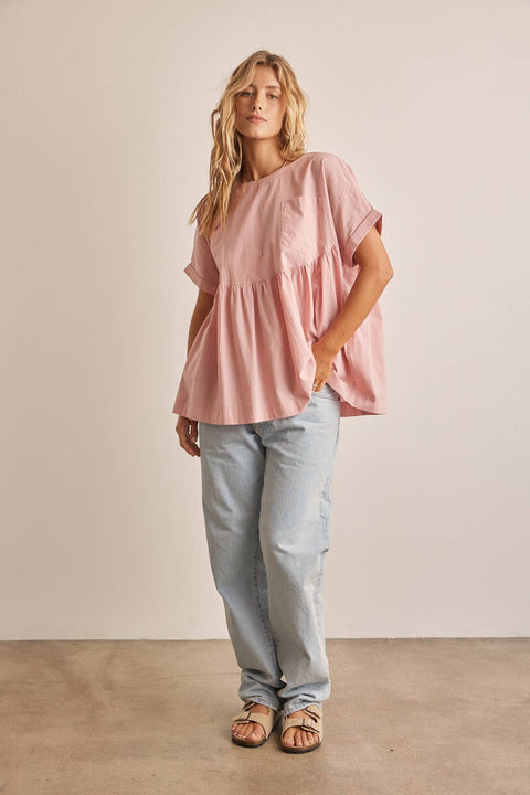 OVERSIZED COTTON POPLIN TUNIC TOP WITH RUFFLED HEM
