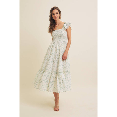 ELEGANT CHIFFON FLORAL SMOCKED MIDI DRESS WITH RUFFLED SLVS
