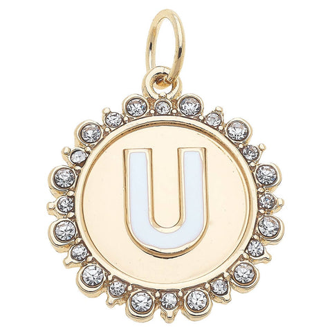 Rhinestone Letter Disc Charm in Shiny Gold