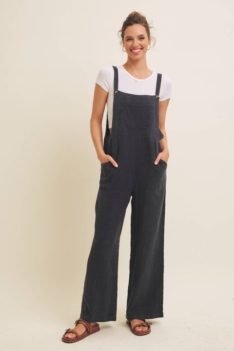 MINERAL-WASHED SUPER SOFT GAUZE WIDE-LEG OVERALL JUMPSUIT