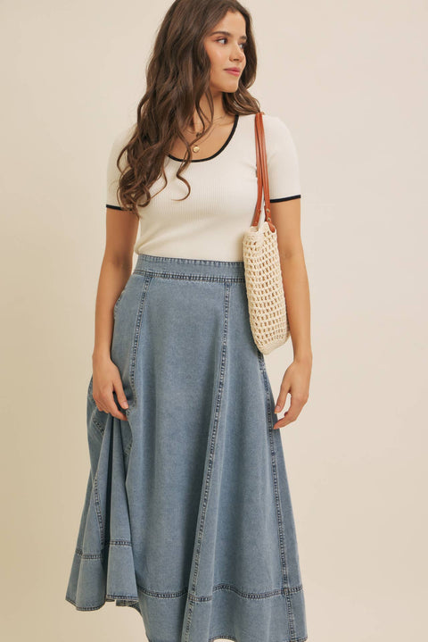 CONTRAST EDGE SCOOP NECK SHORT-SLEEVED RIB SWEATER TOP