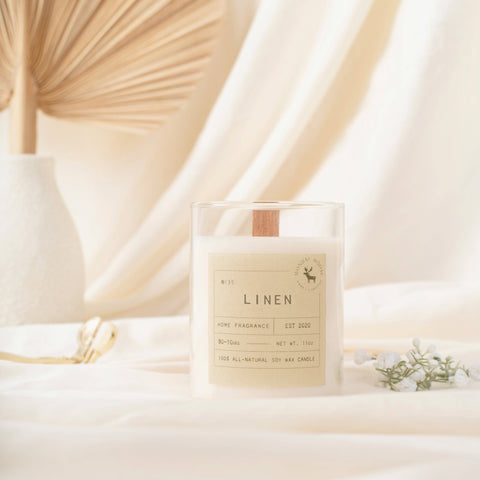 Linen Signature Soy Wax Candle, 11 oz wood wick