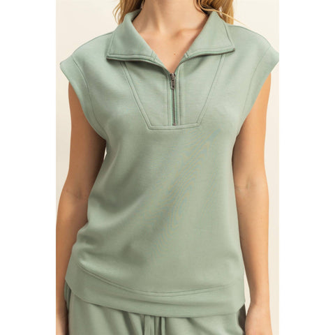 Mock Neck Half Zip Up Sleeveless Top