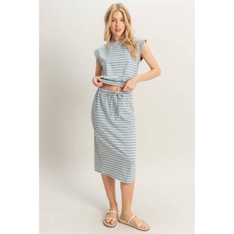 SET-Striped Top And Midi Skirt Knit Set