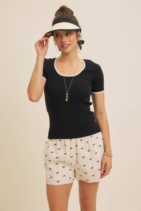 CONTRAST EDGE SCOOP NECK SHORT-SLEEVED RIB SWEATER TOP