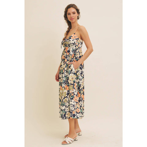 FLORAL PRINT FRONT TIE CAMI MIDI DRESS