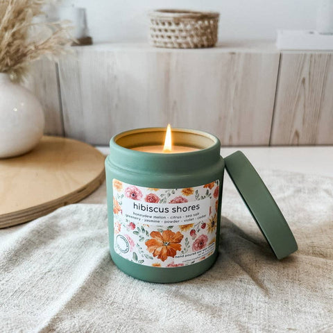 Hibiscus shores | deluxe soy candle tin | spring fragrances