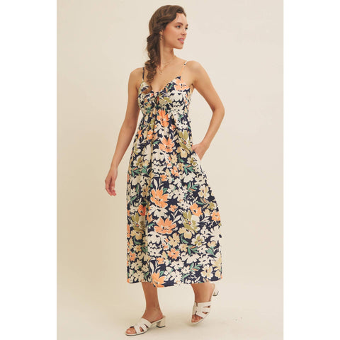 FLORAL PRINT FRONT TIE CAMI MIDI DRESS