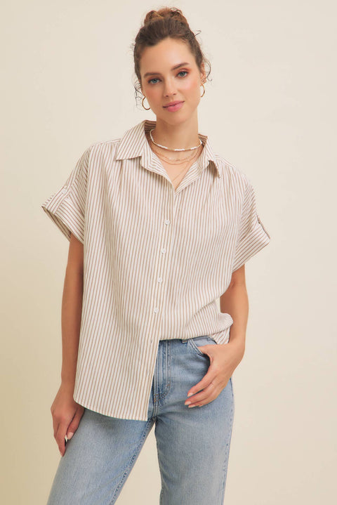STRIPE BUTTON-DOWN SHIRT WITH ROLLED CUFFS