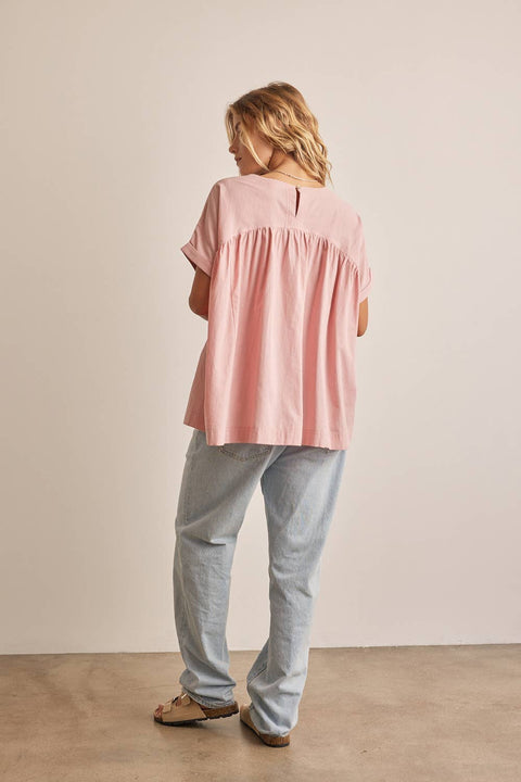 OVERSIZED COTTON POPLIN TUNIC TOP WITH RUFFLED HEM