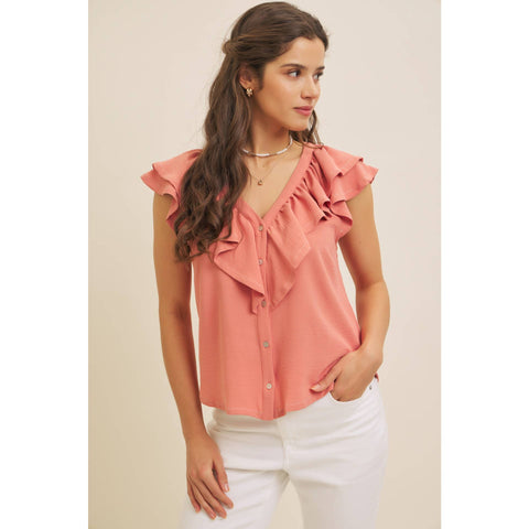 BUTTON-DOWN RUFFLE BLOUSE WITH CONTRAST STITCH
