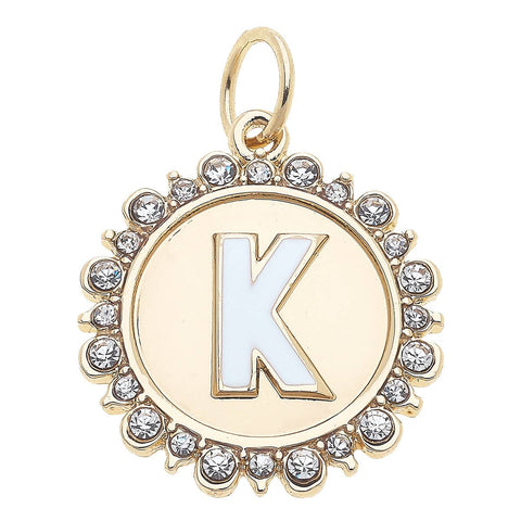 Rhinestone Letter Disc Charm in Shiny Gold