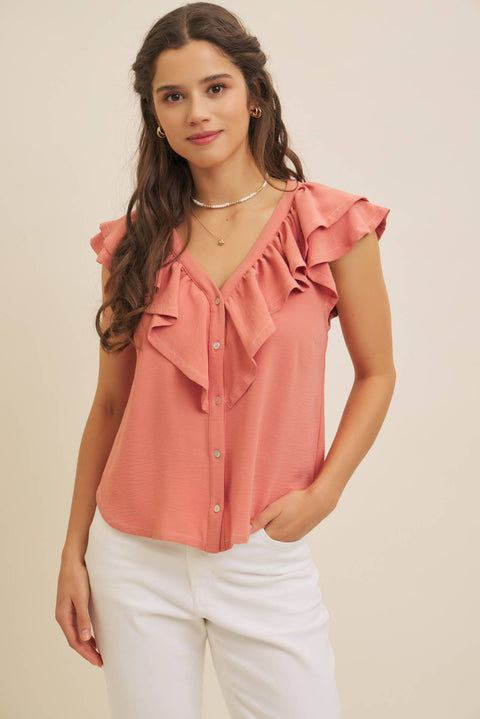 BUTTON-DOWN RUFFLE BLOUSE WITH CONTRAST STITCH