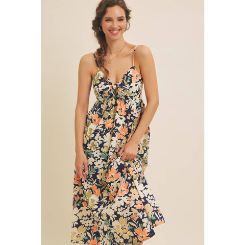 FLORAL PRINT FRONT TIE CAMI MIDI DRESS