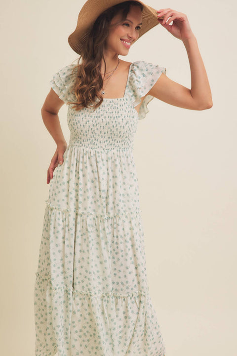 ELEGANT CHIFFON FLORAL SMOCKED MIDI DRESS WITH RUFFLED SLVS