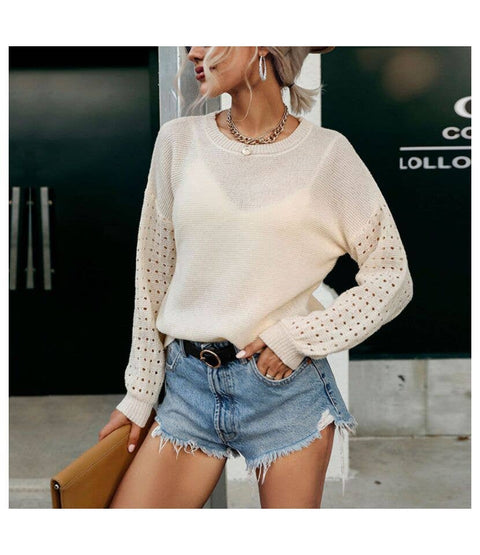 Crew Neck Long Sleeve Shirts Hollow Knit Blouse