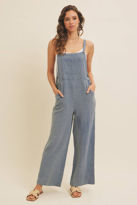 MINERAL-WASHED SUPER SOFT GAUZE WIDE-LEG OVERALL JUMPSUIT