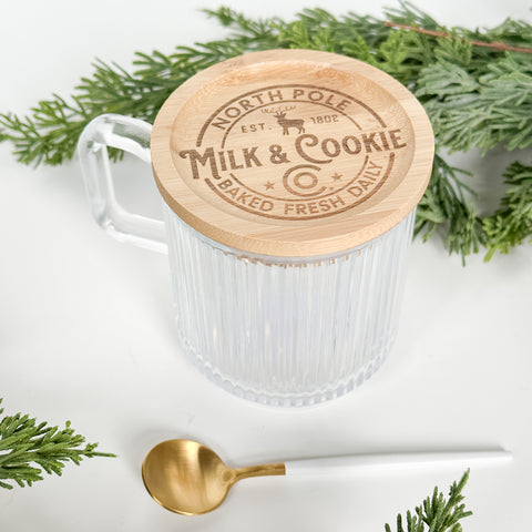 Holiday Mug, Ribbed Clear Glass with Wood Lid
