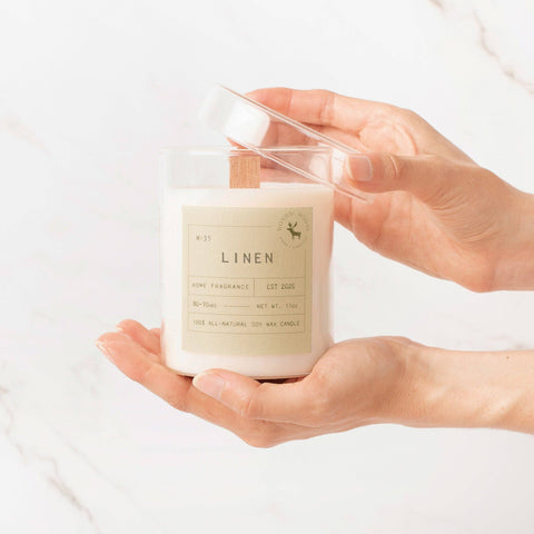 Linen Signature Soy Wax Candle, 11 oz wood wick