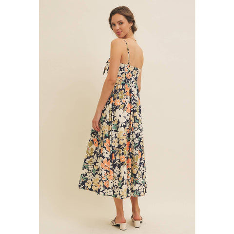 FLORAL PRINT FRONT TIE CAMI MIDI DRESS