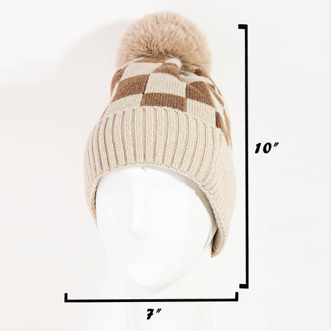 Checkered Pattern Pom Beanie