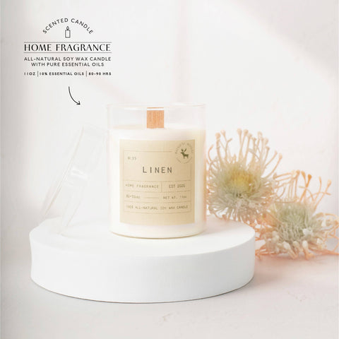 Linen Signature Soy Wax Candle, 11 oz wood wick
