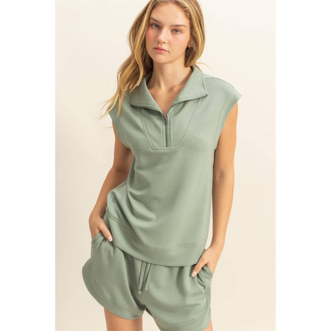 Mock Neck Half Zip Up Sleeveless Top