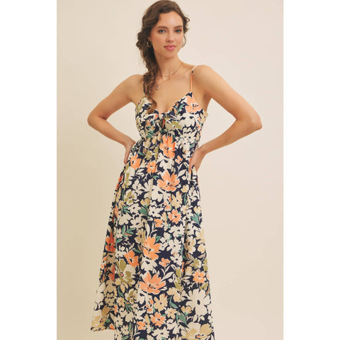 FLORAL PRINT FRONT TIE CAMI MIDI DRESS