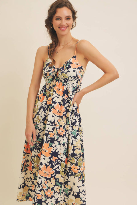 FLORAL PRINT FRONT TIE CAMI MIDI DRESS