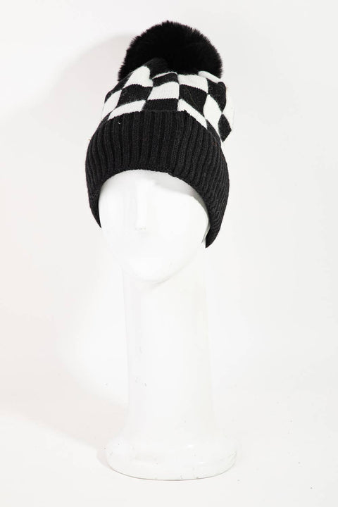 Checkered Pattern Pom Beanie