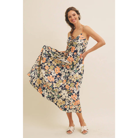 FLORAL PRINT FRONT TIE CAMI MIDI DRESS