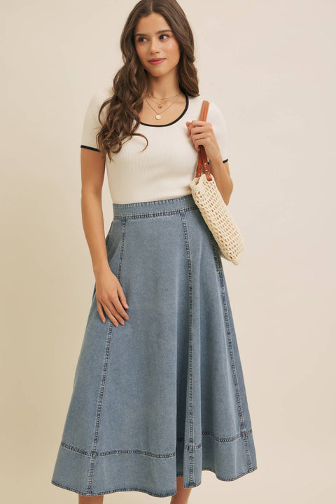 CONTRAST EDGE SCOOP NECK SHORT-SLEEVED RIB SWEATER TOP