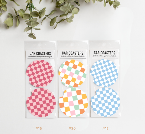 Checker Car Coasters, Set of 2 Car Checker Coasters, Cute Car Accessories, Cup Holder Coasters