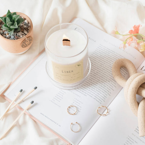Linen Signature Soy Wax Candle, 11 oz wood wick