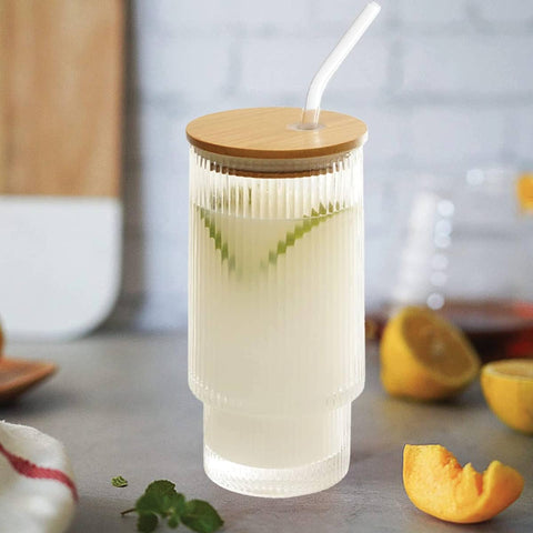 Fluted Vintage Ripple 11 Ounce Clear Glass with Lid + Straw