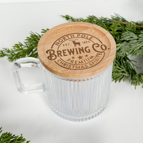 Holiday Mug, Ribbed Clear Glass with Wood Lid