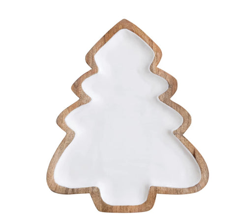 Enameled Mango Wood Christmas Tree Shaped Tray, White & Natural