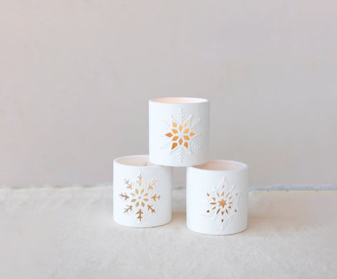 Tealight Holder Stoneware Bisque with Snowflake Cut-Out, 3 Styles