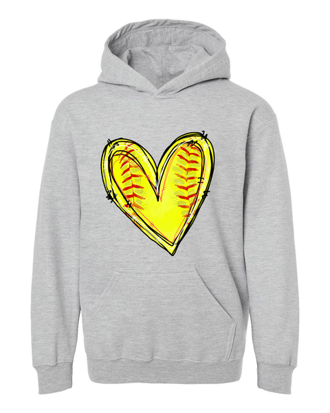 Softball Heart Youth Hoodie - Grey, Super Soft