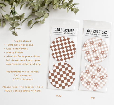 Checker Car Coasters, Set of 2 Car Checker Coasters, Cute Car Accessories, Cup Holder Coasters