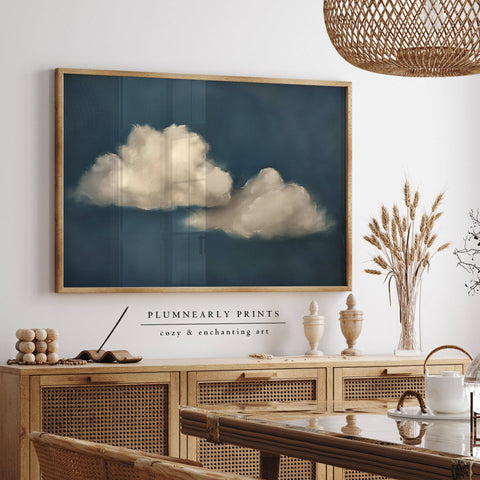 Indigo Blue Beige Cloud Oil Painting Framed Canvas Art 13