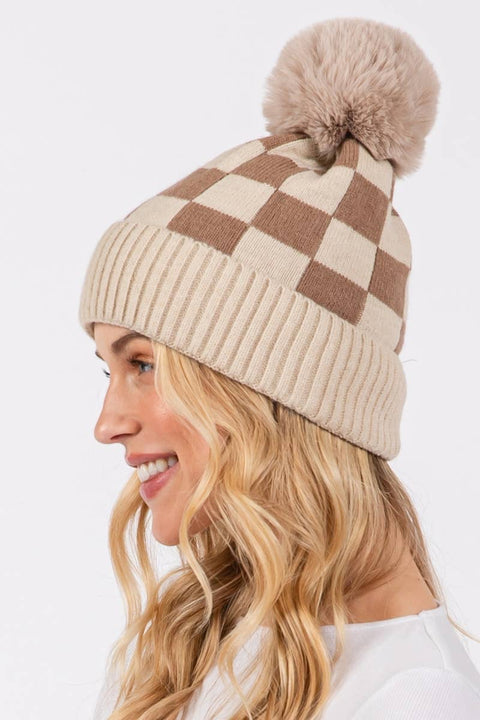 Checkered Pattern Pom Beanie