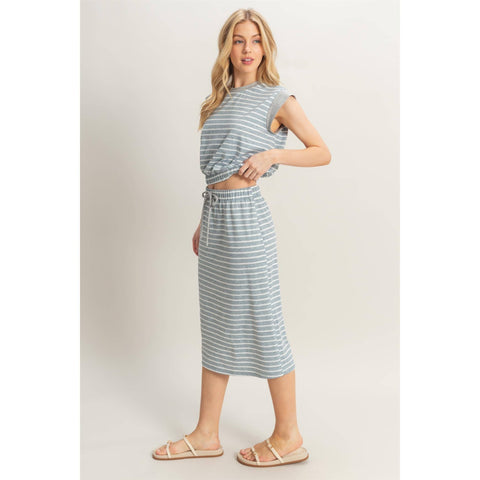 SET-Striped Top And Midi Skirt Knit Set
