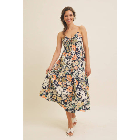 FLORAL PRINT FRONT TIE CAMI MIDI DRESS